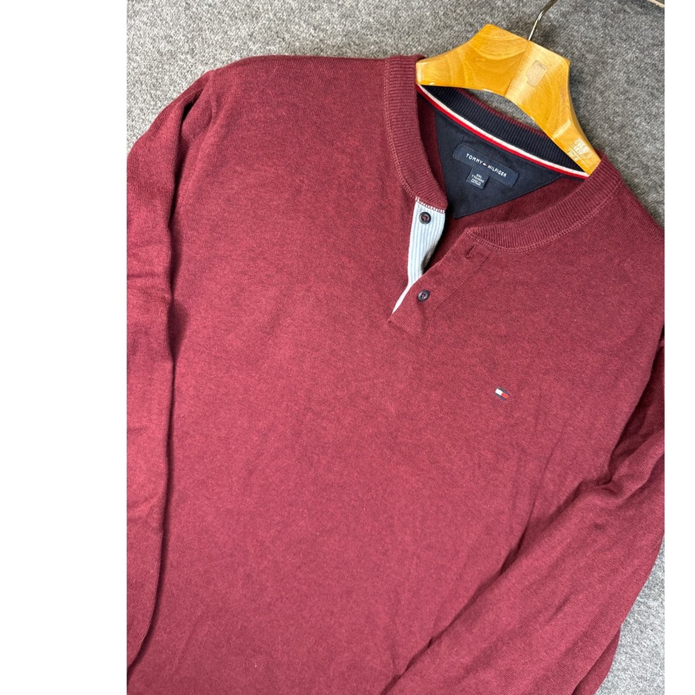 Tommy Hilfiger‎ Men Burgundy Long Sleeve Henley Shirt XXL Cotton Festive Preppy